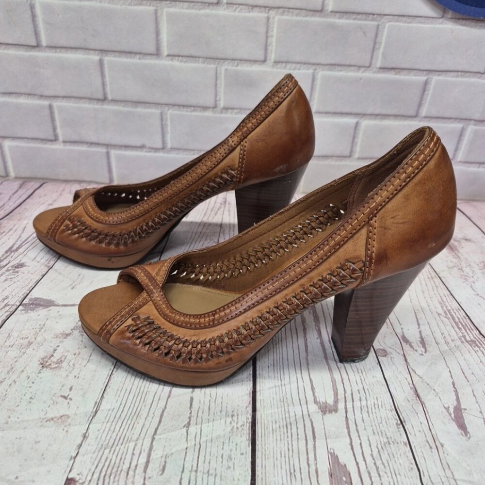 American Eagle Y2K Boho Chunky Braided Faux Leather Open Toe Block Heels 9 1/2 - Picture 5 of 7